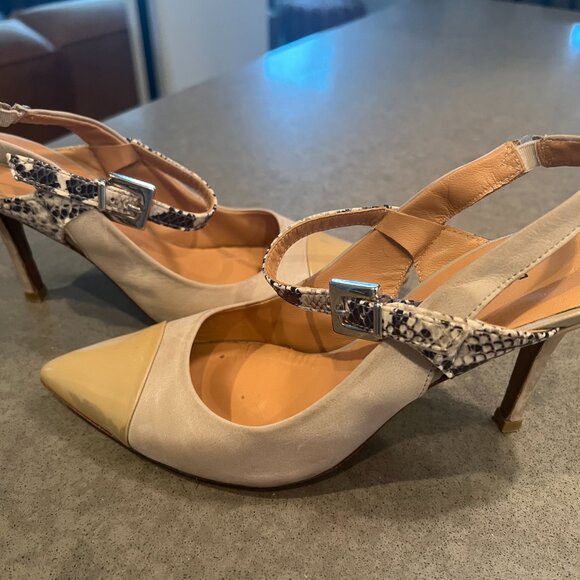 France Mode Taupe Leather Heel Slingbacks with Snakeskin detail 36.5/6 - Picture 9 of 11